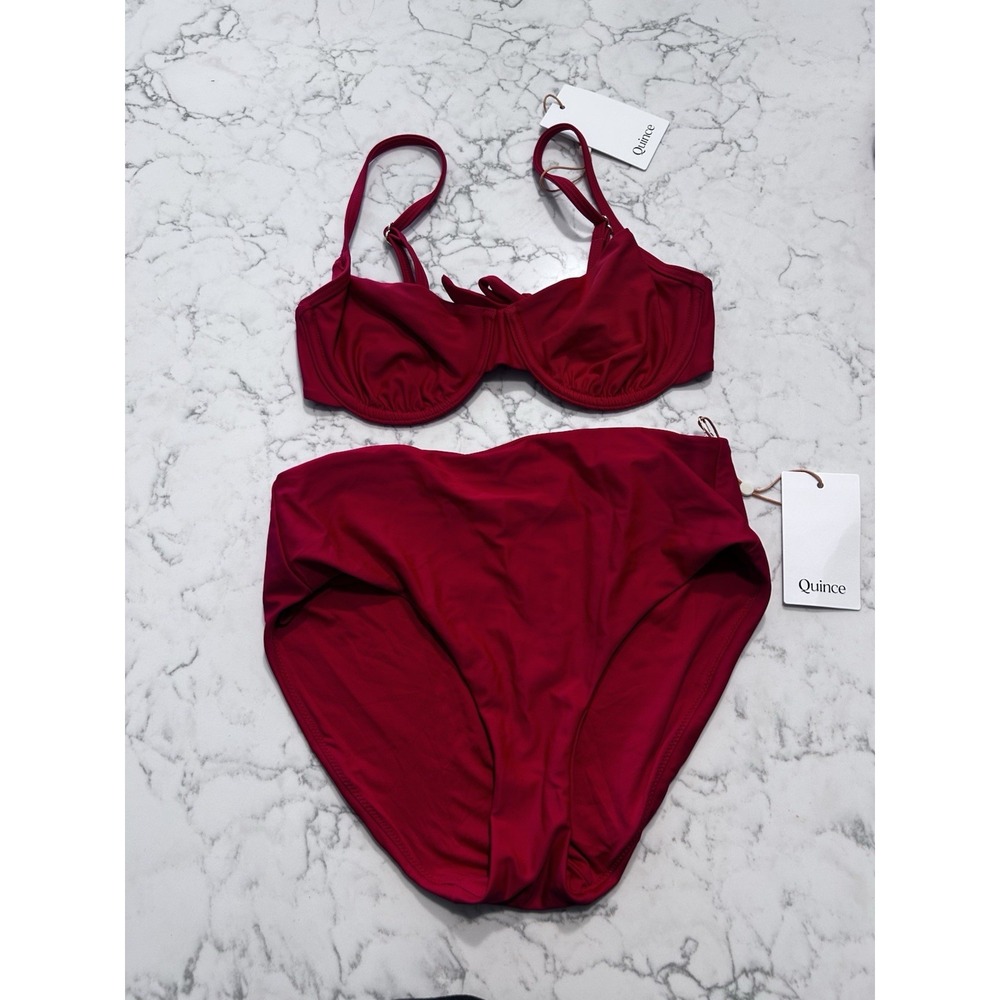 NWT Quince Cherry Red Italian Demi Bikini Top & High Rise Bottom Set Size Small